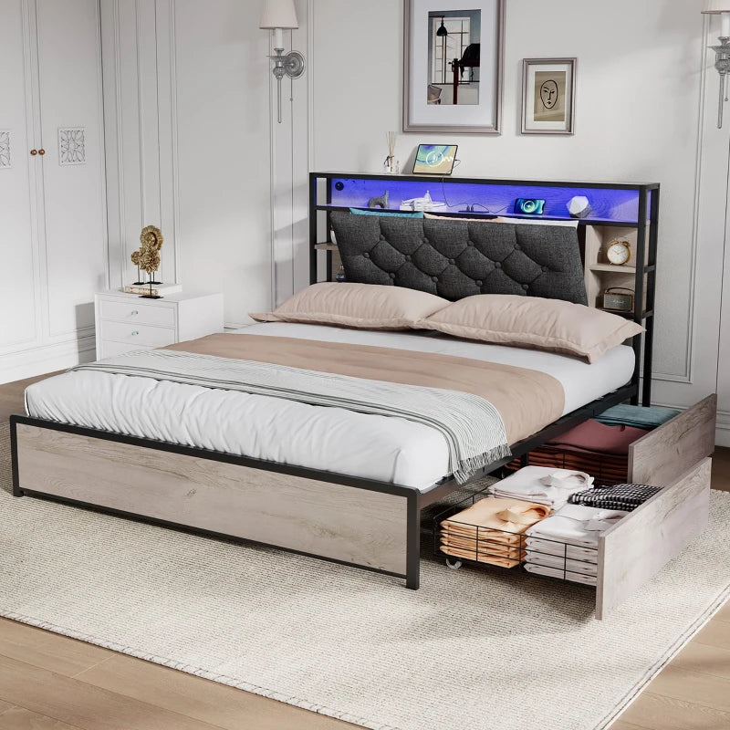 Double Bed Frame with Storage Drawers & RGB LED Lights, USB Ports, Grey & Rustic Brown, 207x138x101 cm