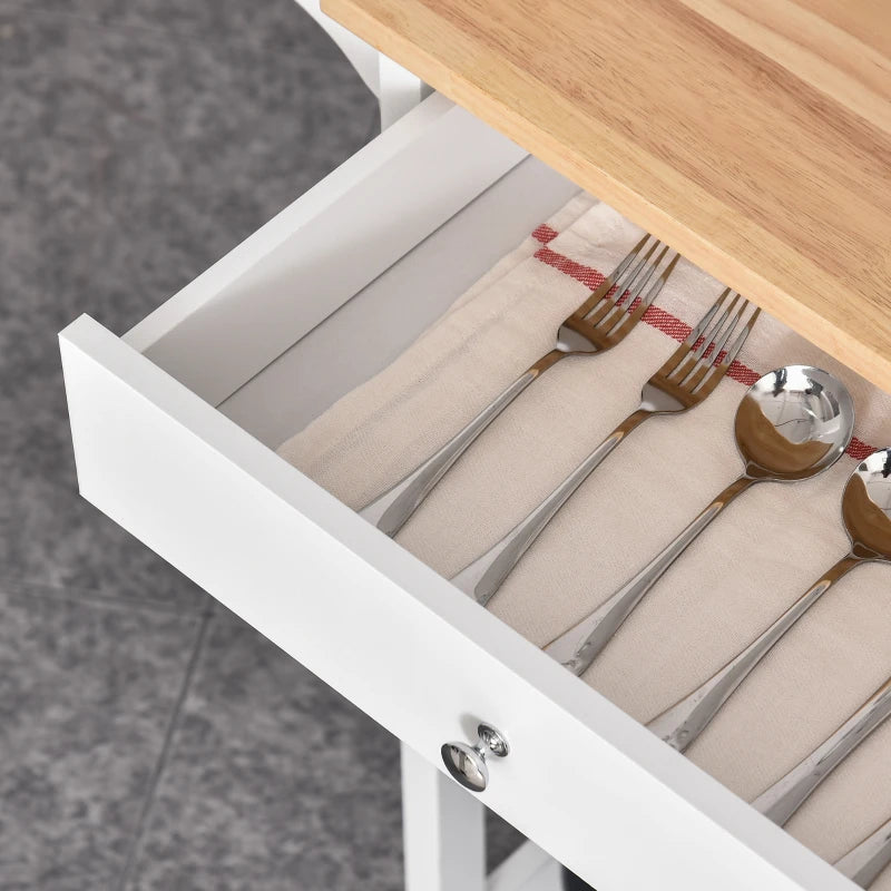 Versatile Kitchen Trolley on Wheels - White Kitchen Island with Wood Top, 3 Shelves & Storage Cupboard