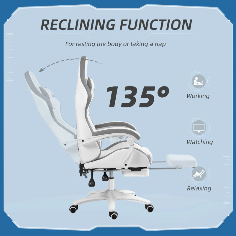 Vinsetto Gaming Chair with Footrest - PU Leather Swivel Desk Chair, 135° Recline, Lumbar Support, White & Grey
