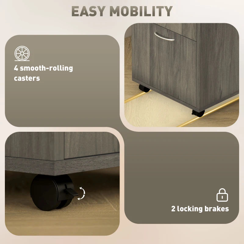 60cm Mobile Filing Cabinet with Drawer & Open Shelf, Grey Office Organizer on Wheels, Ideal for Home & Printer Storage