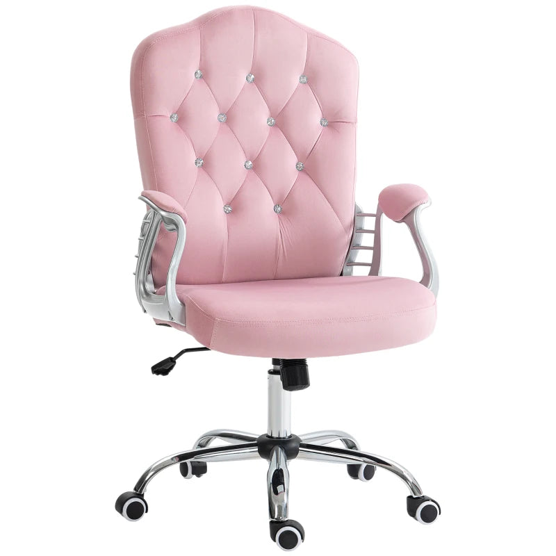 Vinsetto Pink Velvet-Feel Office Chair with Diamante Back - Stylish Ergonomic Design for Home & Office