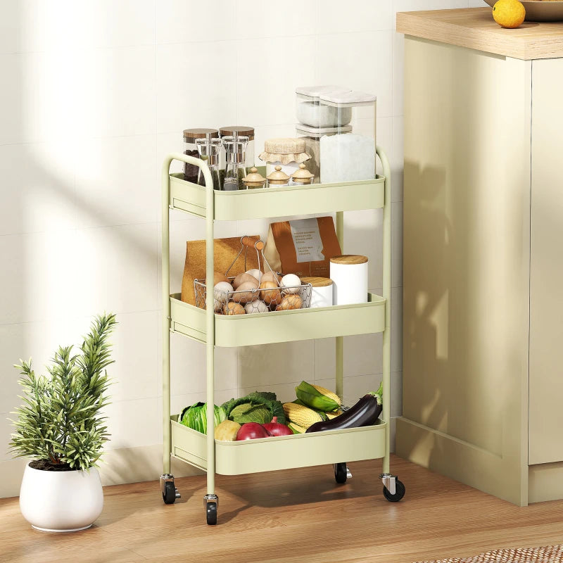 Three-Tier Green Steel Storage Trolley - Versatile Organizer Cart for Home, Office, Kitchen & Garage