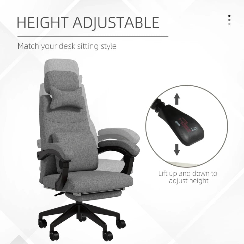 Vinsetto Grey Linen-Look Office Chair with 160° Recline and Footrest - Ergonomic Comfort for Home and Office