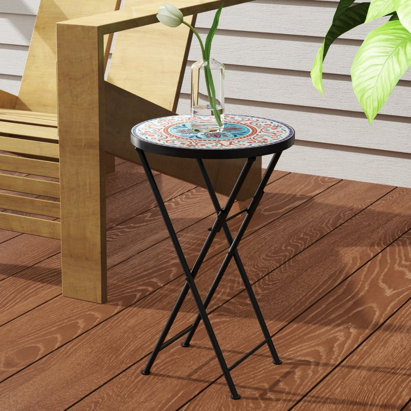 Mosaic Round Folding Garden Table, 35.5cm Metal Frame Coffee Table for Balcony, Multicolour