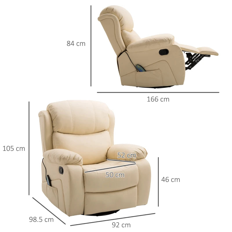 Beige PU Leather Reclining Chair with 8 Massage Points, Heat Function, Swivel Base and Footrest