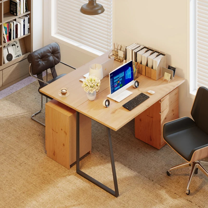 Modern Computer Desk with Cabinet & Drawer - Stylish Writing Desk for Home Office & Study - Metal Legs, Natural Wood Finish