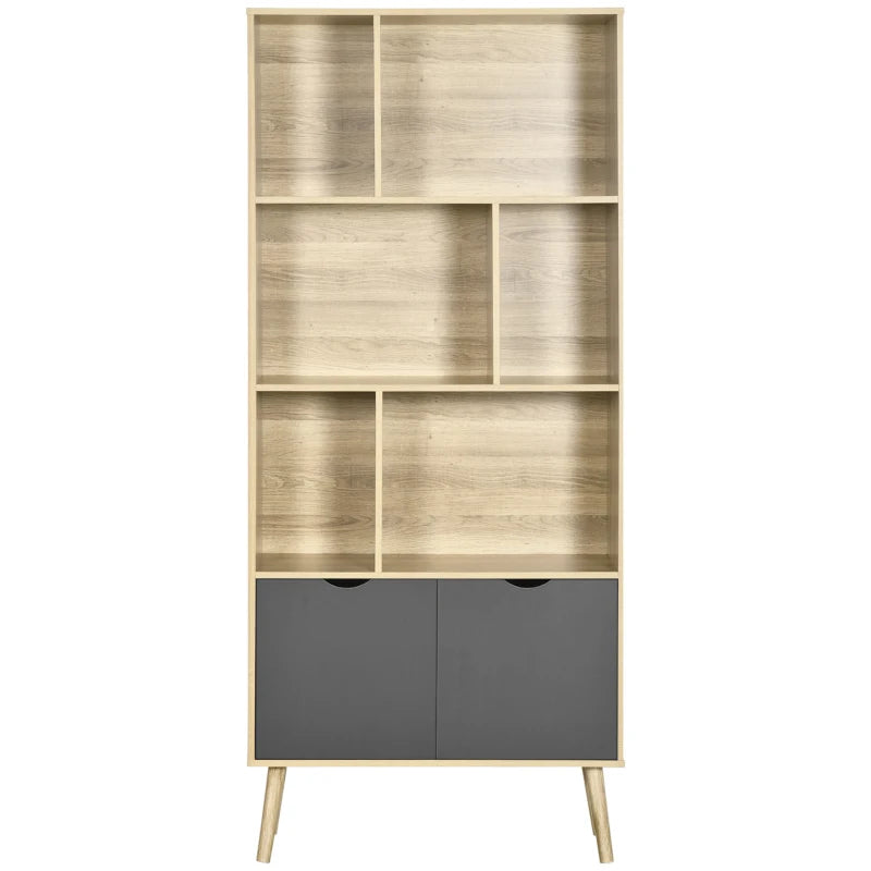Modern Freestanding Bookcase with Bottom Cabinet & 6 Open Shelves - Stylish Natural & Dark Grey Bookshelf for Home Office & Living Room