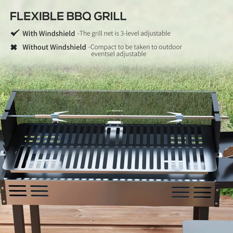 Charcoal BBQ Rotisserie Grill with 3-Level Grate & Side Shelves - Black