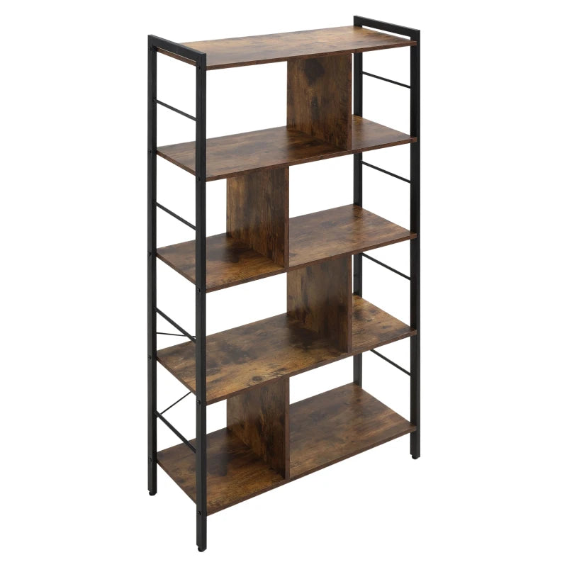 Industrial 5-Tier Storage Unit Bookcase with Open Compartments - Rustic Brown & Black for Office, Living Room, Bedroom
