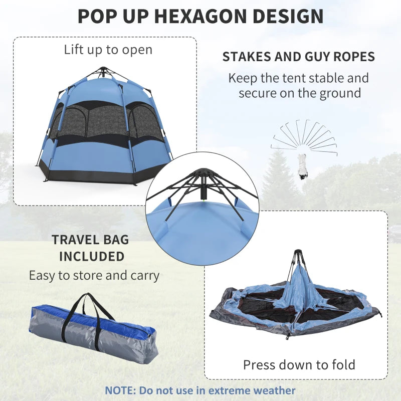 Six Person Hexagon Camping Tent with Hang Hook and Carry Bag Blue and Black