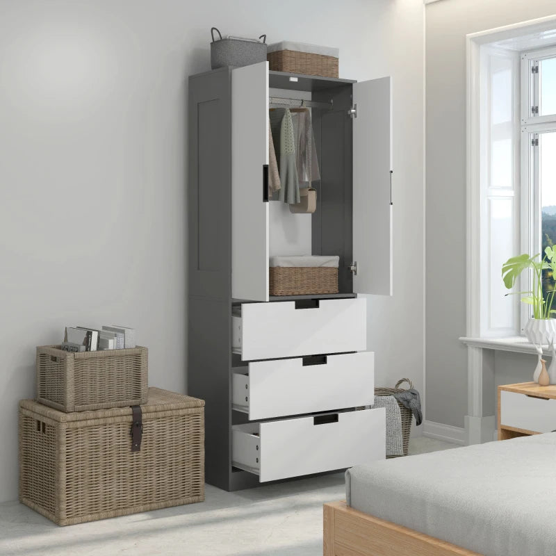 Modern 2 Door Wardrobe with 3 Drawers and Hanging Rod for Stylish Bedroom Storage Grey