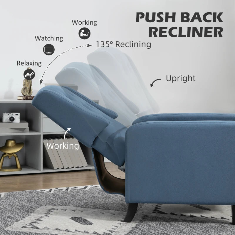 Button Tufted Wingback Recliner Chair for Home Theatre, Microfibre Reclining Armchair with Leg Rest, Deep Blue
