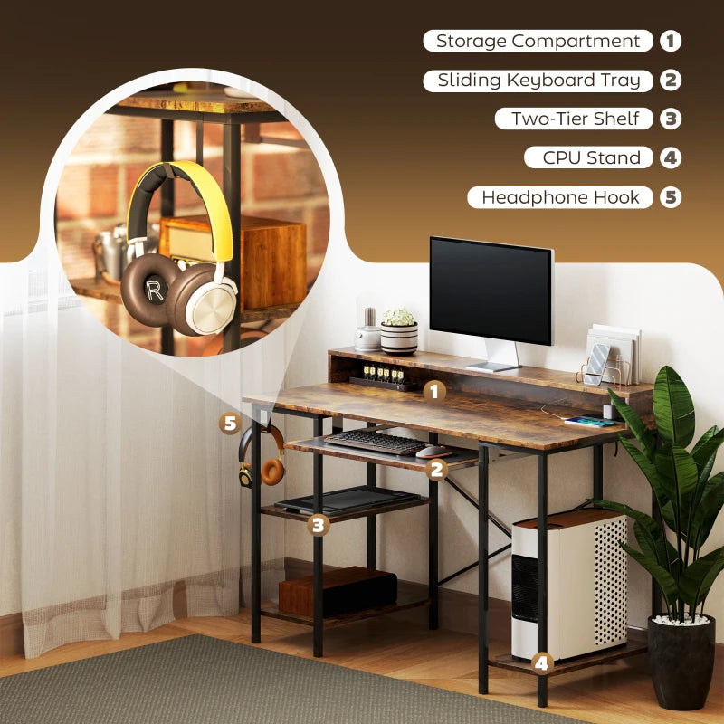 Rustic Brown Computer Desk with LED Lights & Power Outlets - 120x55 cm Gaming Desk with Monitor Stand & Storage Shelves
