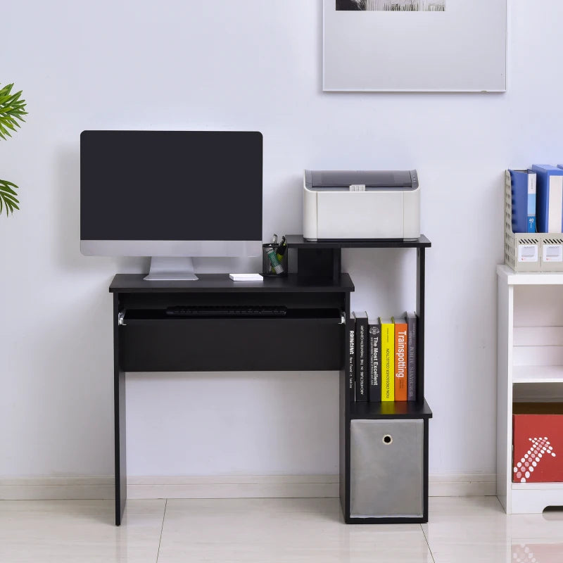 Black Computer Desk with Sliding Keyboard Tray, Storage Drawer & Shelf - Ideal Home Office Workstation