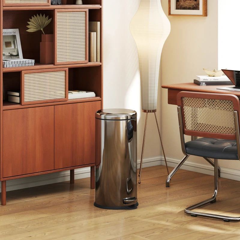 30L Stainless Steel Foot Pedal Bin with Lid - Modern Silver Metal Kitchen Garbage Rubbish Waste Container