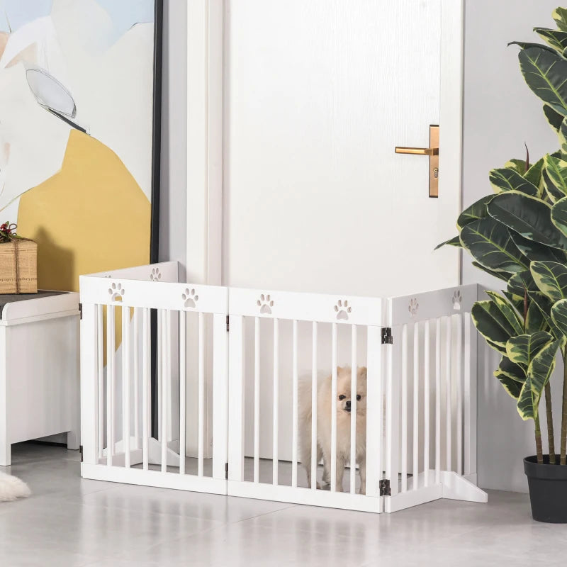 Freestanding 4-Panel Wooden Pet Gate - Folding Dog Barrier Safety Fence, 204cm Long, 61cm Tall for Doorways & Stairs - White