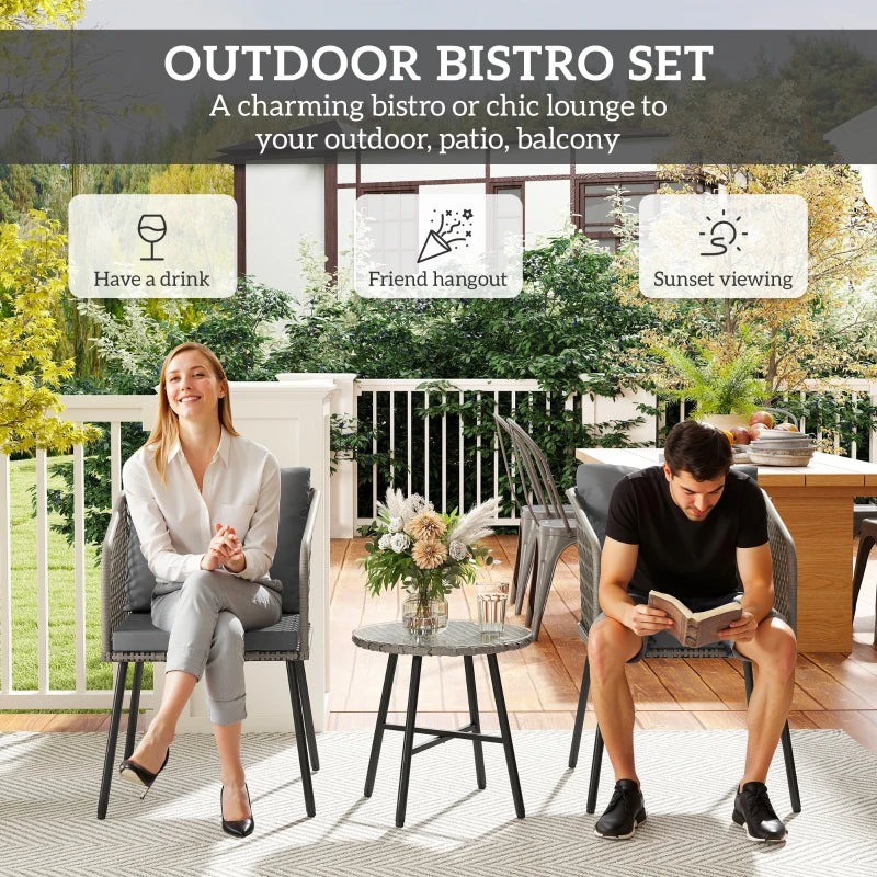 3 Piece Rattan Bistro Set with 2 Chairs & Glass Table for Garden, Balcony, Grey