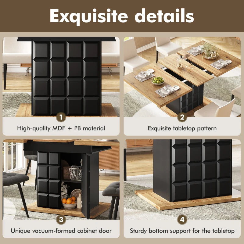 Telescopic Extendable Dining Table for 4-6, Foldable Kitchen Table with Checked Pattern, Black & Natural, 110-140L x 80W x 75H cm