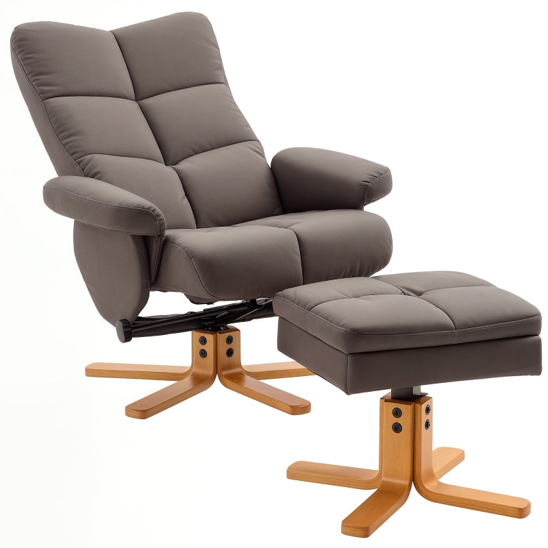 Swivel Reclining Armchair with Ottoman, Faux Leather Chair with Wooden Base and Storage Footstool for Living Room, Brown