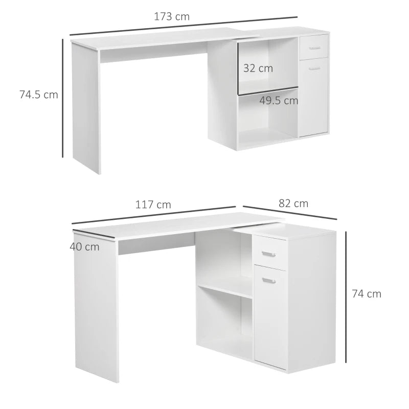 L-Shaped Corner Computer Desk with Storage Shelf & Drawer - Adjustable White Wood Grain Workstation for Home Office