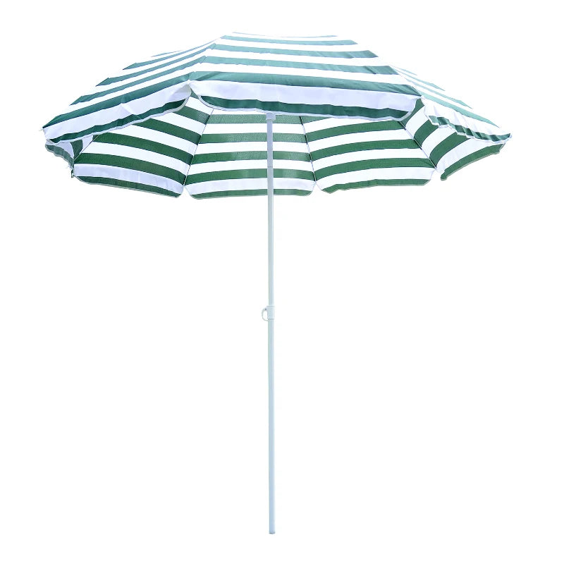 Green & White Striped 1.8m Tilt Beach Umbrella with 8 Ribs