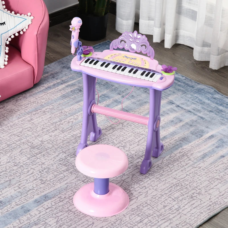32 Keys Kids Mini Electronic Keyboard - Educational Musical Instrument Toy with Stool & Microphone for Children - Grand Piano Style