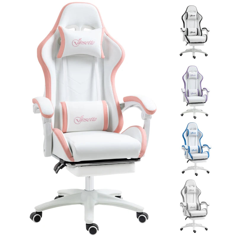 Vinsetto White & Pink Gaming Chair with Footrest, 135° Recline, Lumbar Support, Swivel Wheels - PU Leather Office Desk Chair