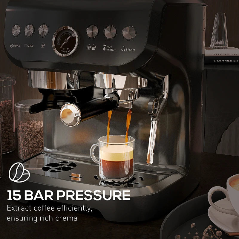 Premium 15 Bar Coffee Machine with Adjustable Grind, Steamer & Complete Accessories for Perfect Espresso at Home