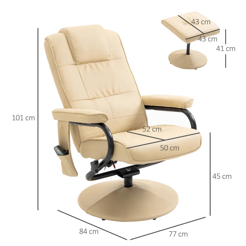 Cream PU Leather Reclining Armchair with Massage Function and Ottoman - Manual Sofa Chair