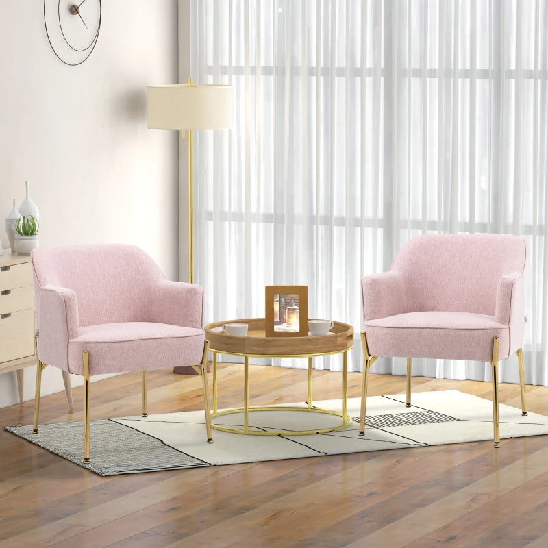 Elegant Pink Accent Chairs with Gold Metal Legs - Soft Padded Living Room and Bedroom Armchairs, Set of 2