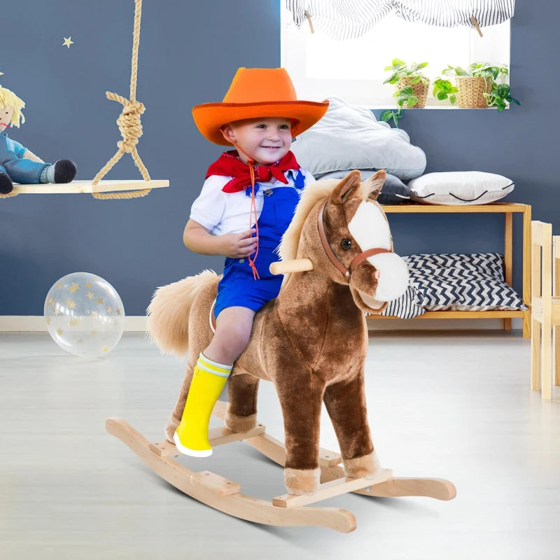 Kids Plush Rocking Horse with Wooden Base - Ride-On Toy for Ages 3+, Fun Gift for Children (Brown)