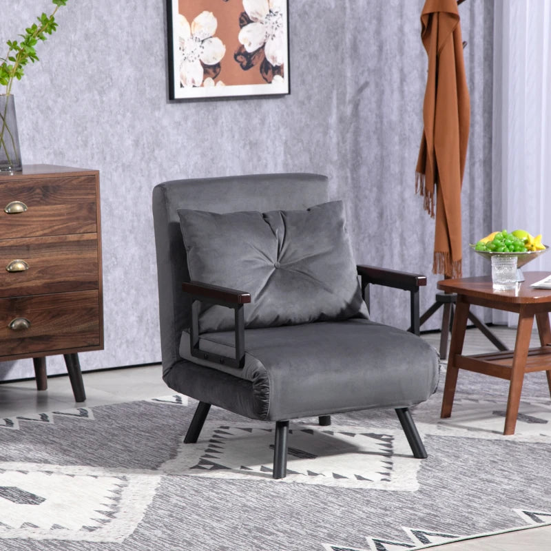 Velvet-Feel Charcoal Grey Single Chair Bed with Pillow - Versatile 4-in-1 Design for Comfort and Style