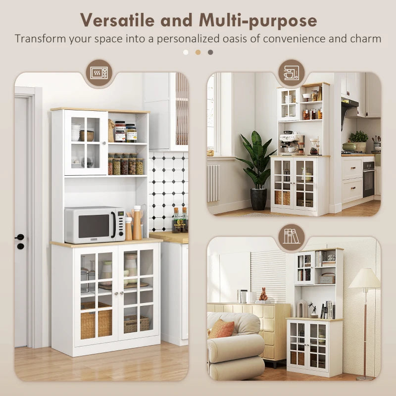 Freestanding Kitchen Storage Cabinet with Adjustable Shelves and Glass Doors 80L x 37W x 183H cm White