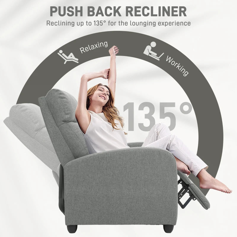Grey 135° Push Back Recliner Armchair with Footrest for Ultimate Comfort and Relaxation