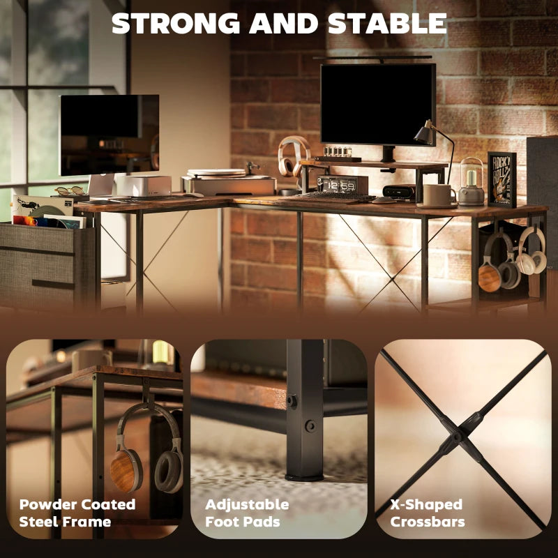 168cm Reversible L Shaped Desk - Industrial Corner Computer Table with Adjustable Shelf & Storage Bag, Rustic Brown, 2 Person PC Table