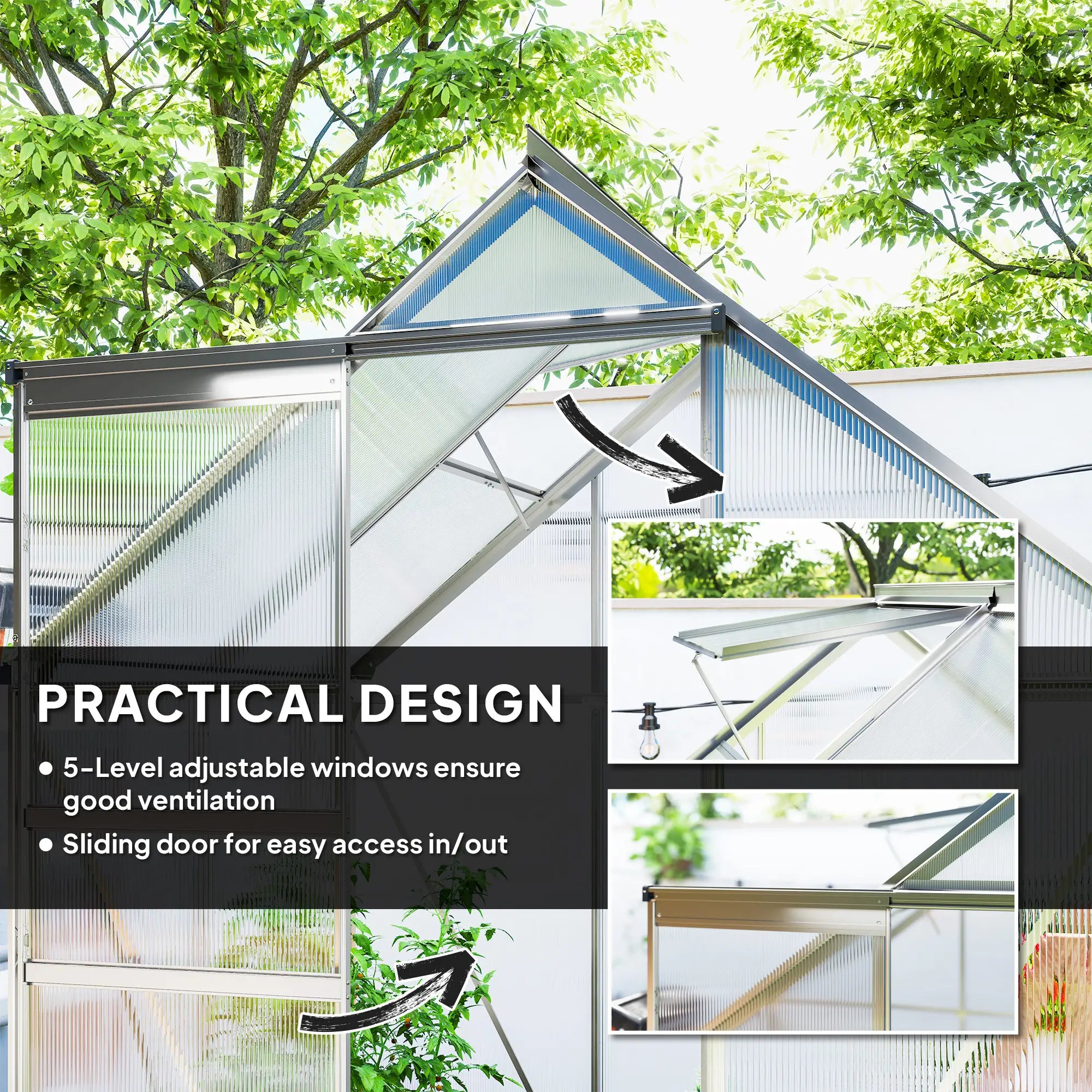 192.5cm x 131cm Walk-In Polycarbonate Greenhouse - Silver-Tone With Window hatch