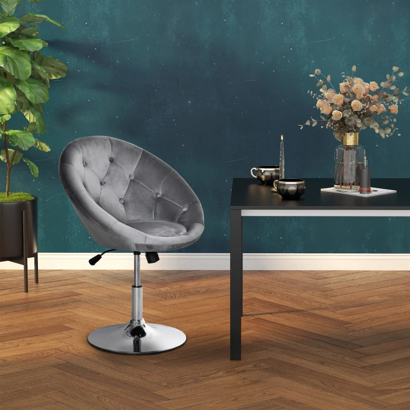 Swivel Velvet Upholstered Dressing Stool - Adjustable Height Makeup Chair with Button Tufting & Thick Padding - Grey