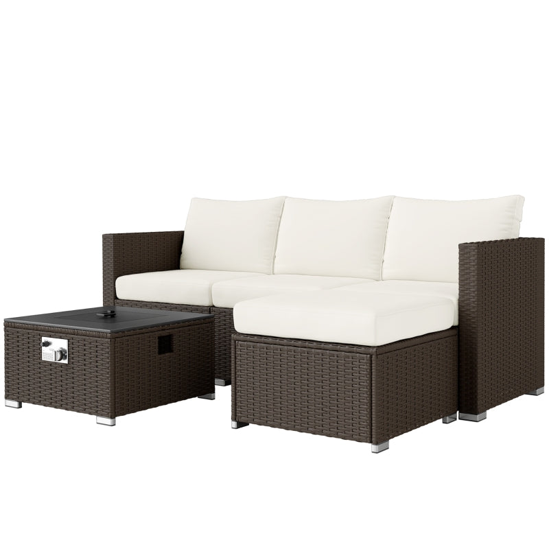 5-Piece Rattan Garden Furniture Set with Gas Fire Pit & Footstools - Brown & Cream
