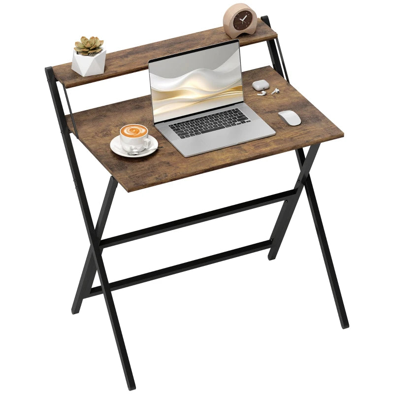 81.5 cm Rustic Brown Folding Computer Desk with Monitor Shelf - Space-Saving Home Office Furniture