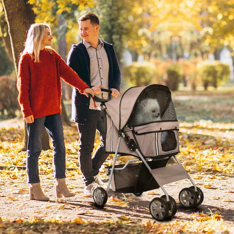 Foldable Pet Stroller for Small Dogs & Cats - Travel Carriage with Wheels, Zipper Entry, Cup Holder & Storage Basket - Brown