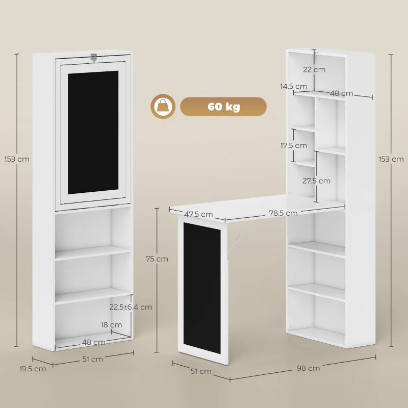 Wall Mounted Folding Computer Desk with Black Board and Bookshelf Multifunctional Floating Writing Table for Home Office White