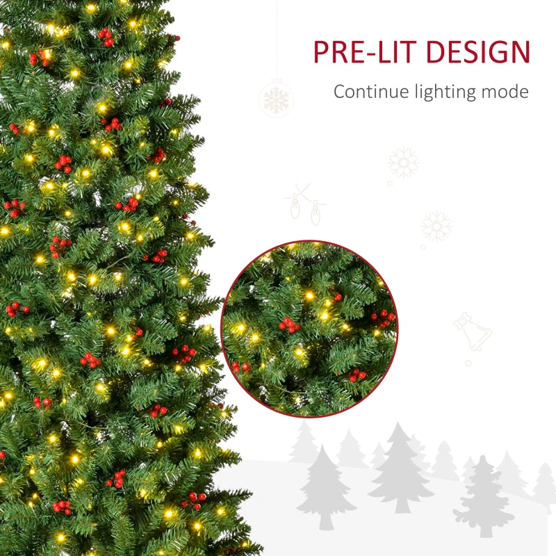 7FT Prelit Artificial Pencil Christmas Tree with Warm White LED Lights & Red Berries - Festive Holiday Home Decoration