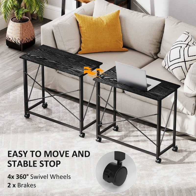 Compact 80 cm Folding Desk on Wheels - Versatile Black Mobile Workstation for Home Office, Study, and Small Spaces