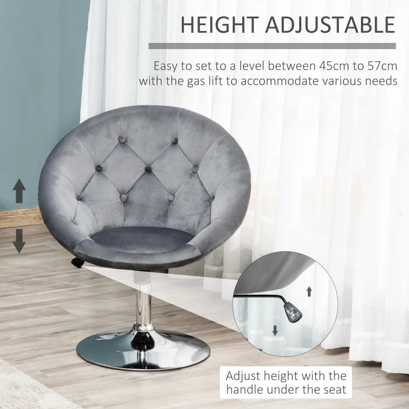 Swivel Velvet Upholstered Dressing Stool - Adjustable Height Makeup Chair with Button Tufting & Thick Padding - Grey