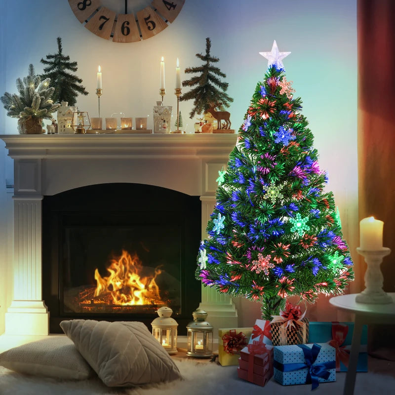 4FT Green Fibre Optic Christmas Tree with Colorful LED Lights & Snowflake Ornaments - Fireproof Artificial Xmas Decor