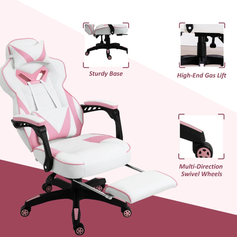 Vinsetto Pink Gaming Chair - Ergonomic Racing Desk Chair with Lumbar Support, Footrest, Headrest & Swivel Wheels for Home