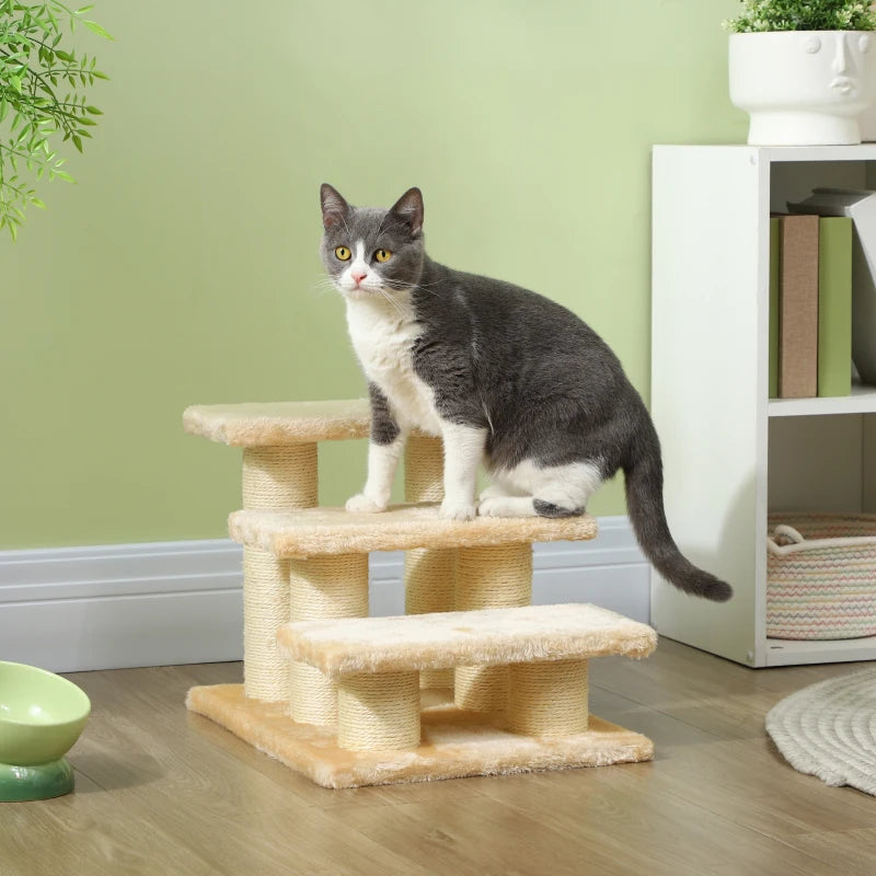 3-Step Pet Stairs Ladder for Cats & Dogs - Climb Easily to Cat Tree - Beige Pet Ramp