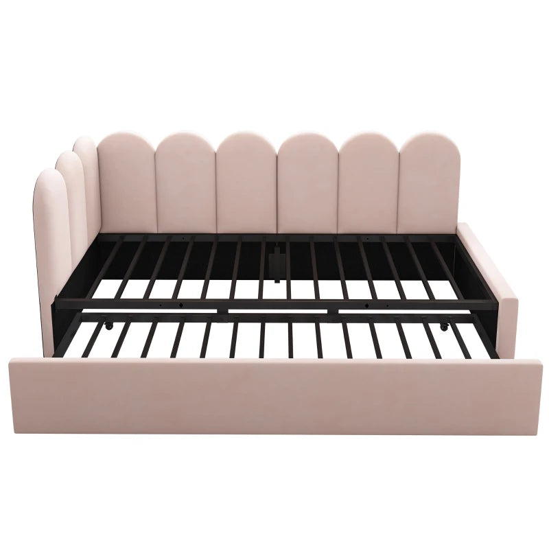 Pink Upholstered Daybed with Pull-Out Bed, 3FT Single Sofa Bed, Metal Slatted Frame, Easy Assembly, 193L x 97W x 76H cm