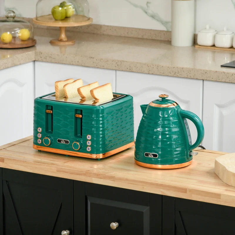 3000W 1.7L Rapid Boil Kettle & 4 Slice Toaster Set - Green, 7 Browning Controls, Crumb Tray, Kitchen Essentials