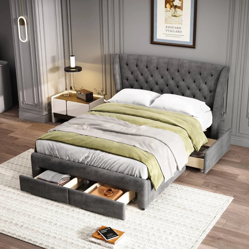 Grey Upholstered Storage Bed with 4 Drawers & Soft Backrest - Metal Frame, 204L x 156W x 106H cm